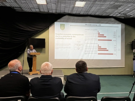 Ukranian forest professor presenting findings on a screen