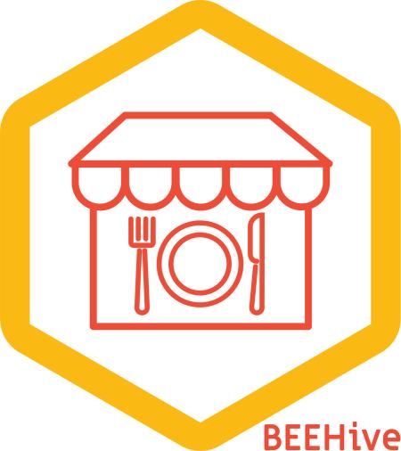 dinner plate in orange outline inside yellow hexagonal pod