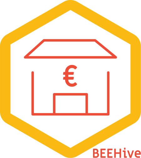 BEEHive investor logo - orange outline of basic bank shop front in yellow hexagonal shell