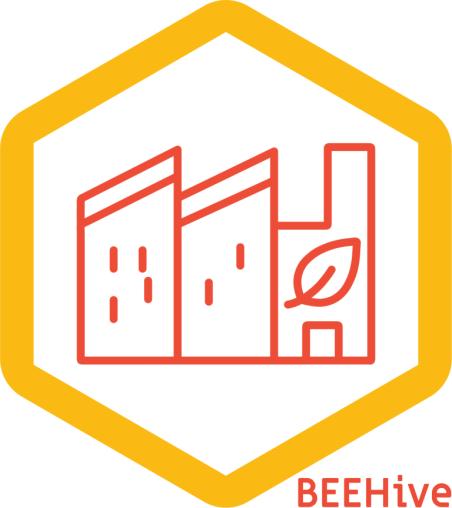 city scape outline sketch in orange inside yellow hexagonal pod