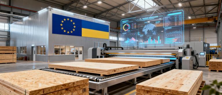 A large industrial space with wooden sheets on platforms and a large screen in the background.