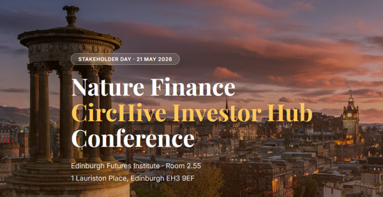 Edinburgh skyline overlaid with details of the CircHive Investor Hub Nature Finance Conference