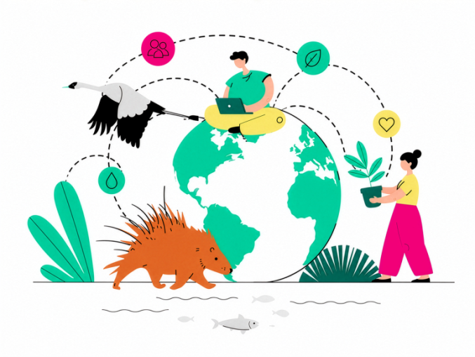 Illustration showcasing interconnections between the planet, animals and the environment (One Health concept)