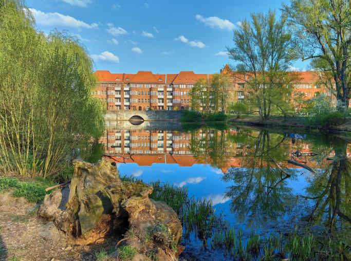 Red roofs of apartment buildings at the edge of a watercourse with mature trees on the banks.